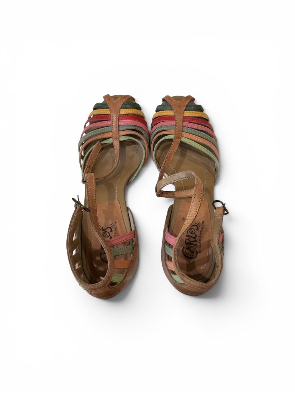 Carlos Santana Multicolor Strappy Leather Sandals - Brown with Pink & Green